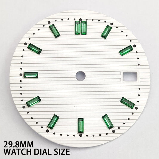 Green imitation gemstone nail on white watch dial, 29.8mm size, compatible with NH35 movement.