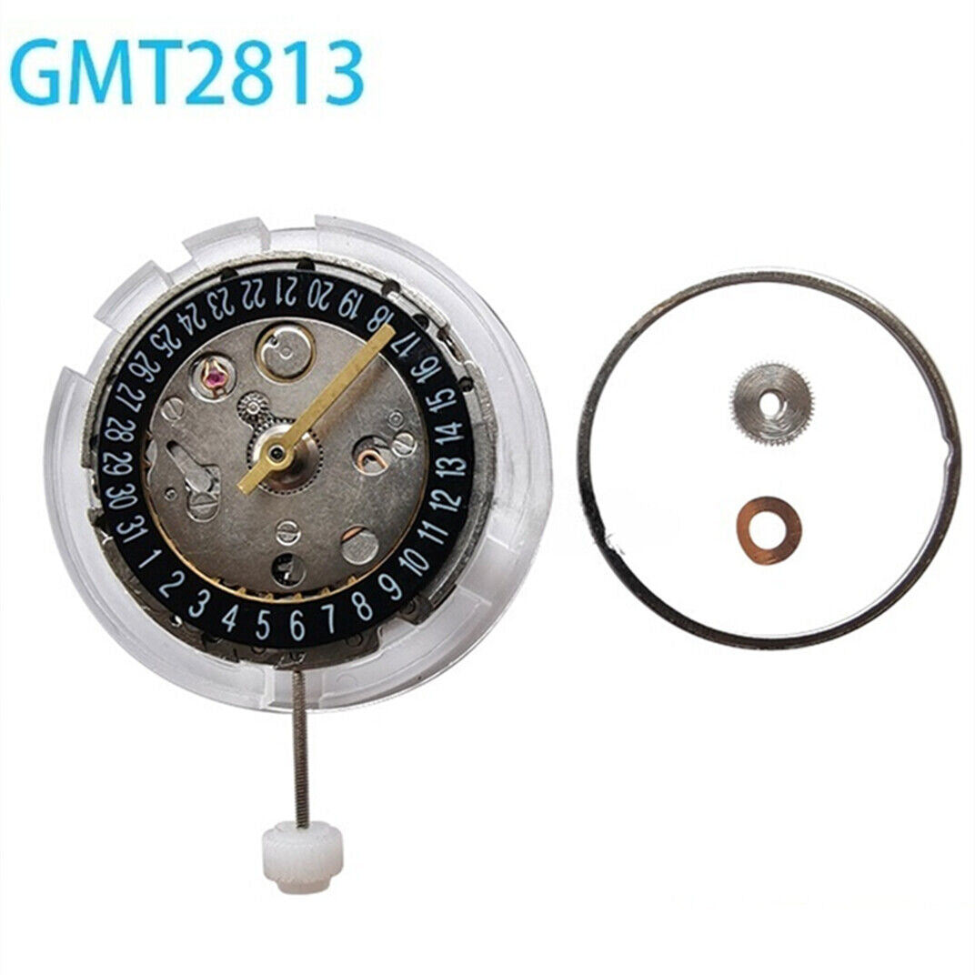 GMT Mechanical watch 2813 with black dial and day-date calendar at 6 o?clock, precision timepiece.