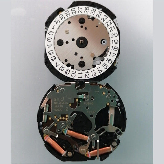 Japan-made Epson VD57C watch movement with single calendar and white date disk at 3 o'clock, precision watch part.