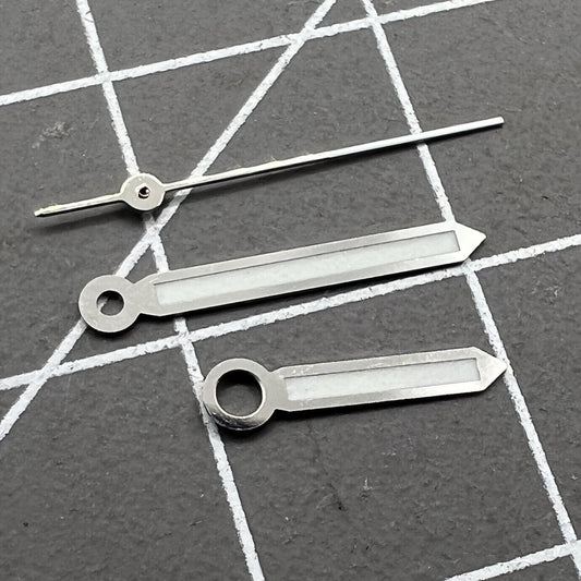 Set of 17mm silver trim green luminous watch hands compatible with Miyota 2035 2115 2105 2305 movements for precise timekeeping.