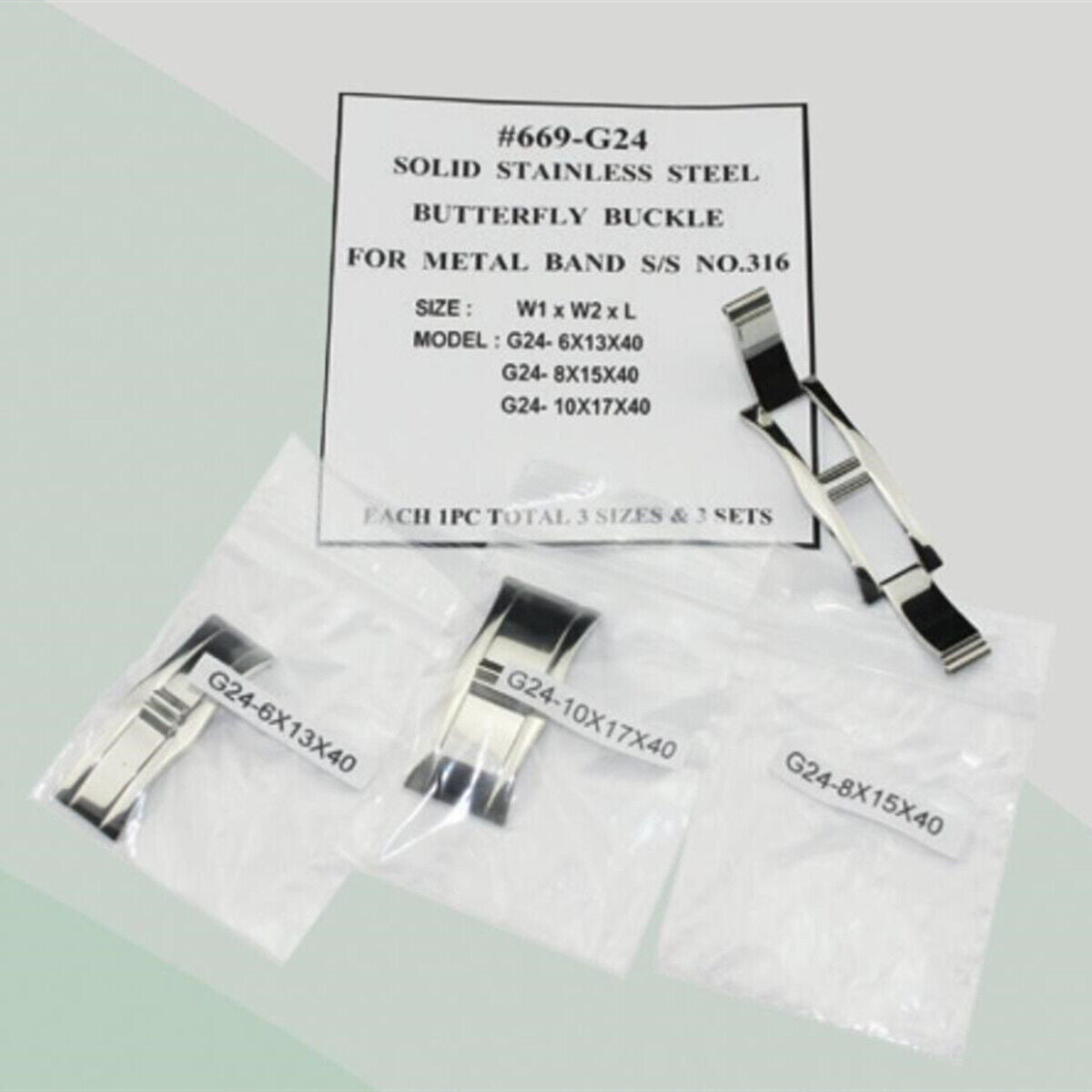 Set of 3 solid 316 stainless steel butterfly buckles in 3 sizes, perfect for metal watch bands.