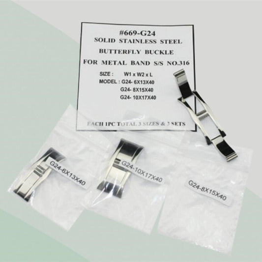 Set of 3 solid 316 stainless steel butterfly buckles in 3 sizes, perfect for metal watch bands.