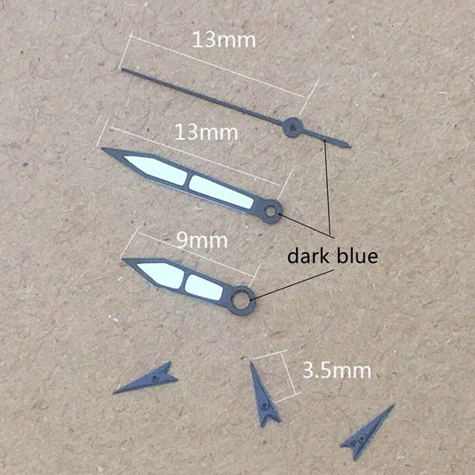 Dark blue arrow-shaped 13mm watch hands for Miyota OS series, precise and stylish timepiece detail.