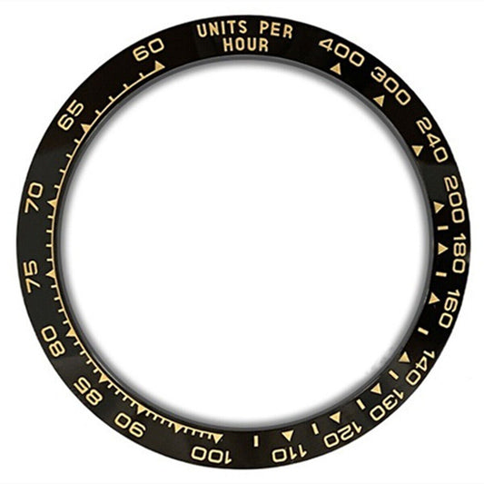 Ceramic black watch bezel with golden Daytona font, 37.65x30.7mm slope design for luxury accessories.