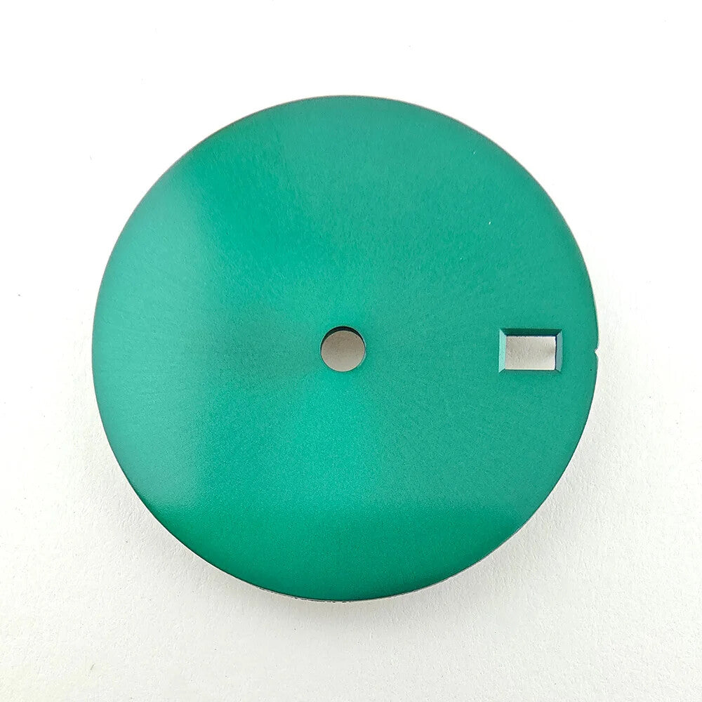 28.5mm solid color watch dial, metal design, no lume, fits NH35 movement, sleek accessory.