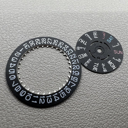 Black Arabic and English date and week wheel for NH36 movement, crown at 3 o'clock, precision watch part by NH36.