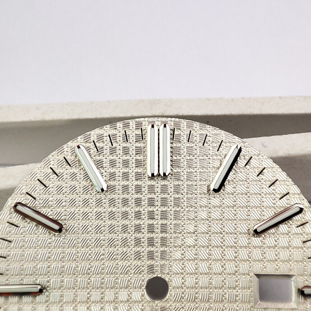 Green lume watch dial with silver trim and white check pattern, compatible with NH35 movement.