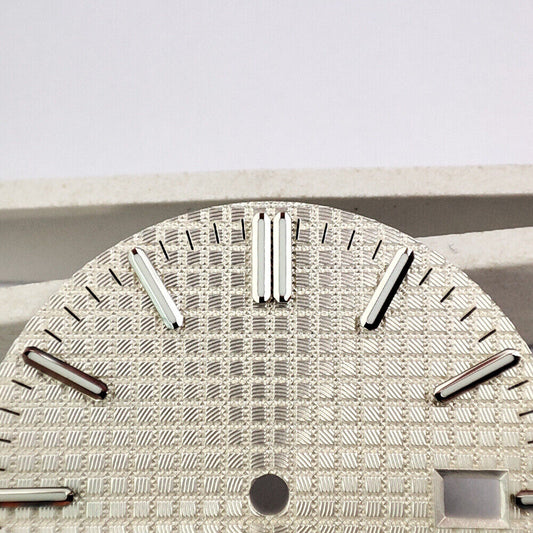 Green lume watch dial with silver trim and white check pattern, compatible with NH35 movement.