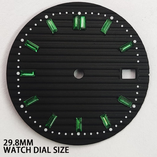 29.8mm black watch dial with green imitation gemstone accents, compatible with NH35 movement, elegant design.