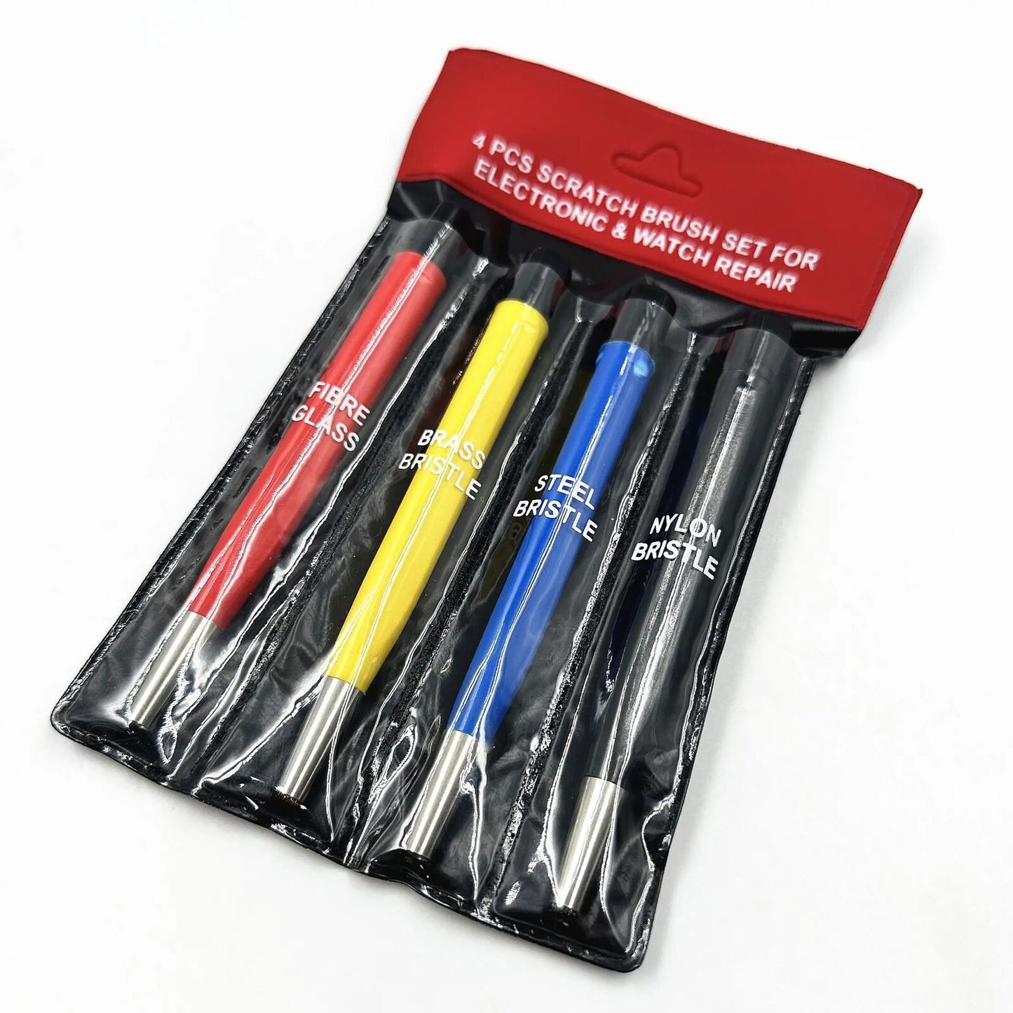 Scratch brush set with glass, steel, and nylon bristles for precise electronic watch repair.