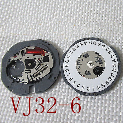 Hattori Epson TMI VJ32 quartz watch movement showing date at 3 and 6 o'clock, made in Japan.