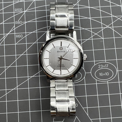 37mm China Baihua manual mechanical watch with silver dial, 19 jewels, shock-resistant design for durability.
