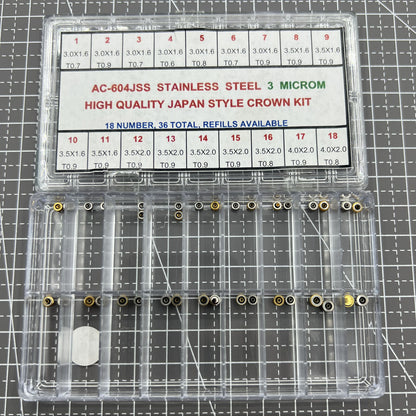 Stainless steel watch crown assortment kit with 36 high-quality Japan style pieces for watch repairs.