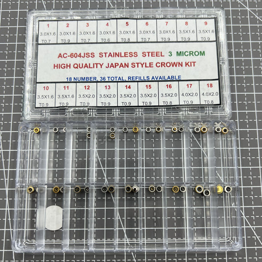 Stainless steel watch crown assortment kit with 36 high-quality Japan style pieces for watch repairs.
