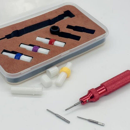 Precision watch screwdriver with extra 0.8mm-1.6mm blades for watch repair, ideal for delicate adjustments.