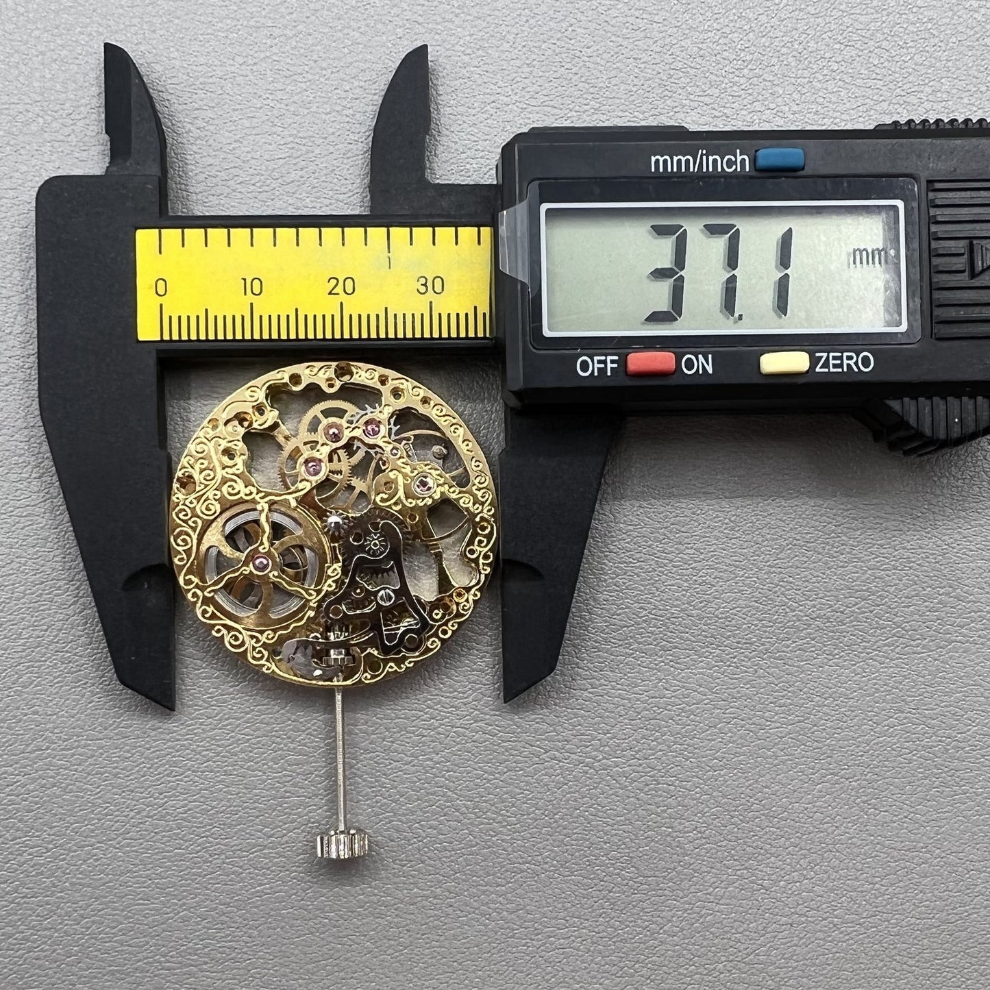 Golden Seagull ST3600 mechanical watch movement with hollow design and 9 o?clock second hand detail
