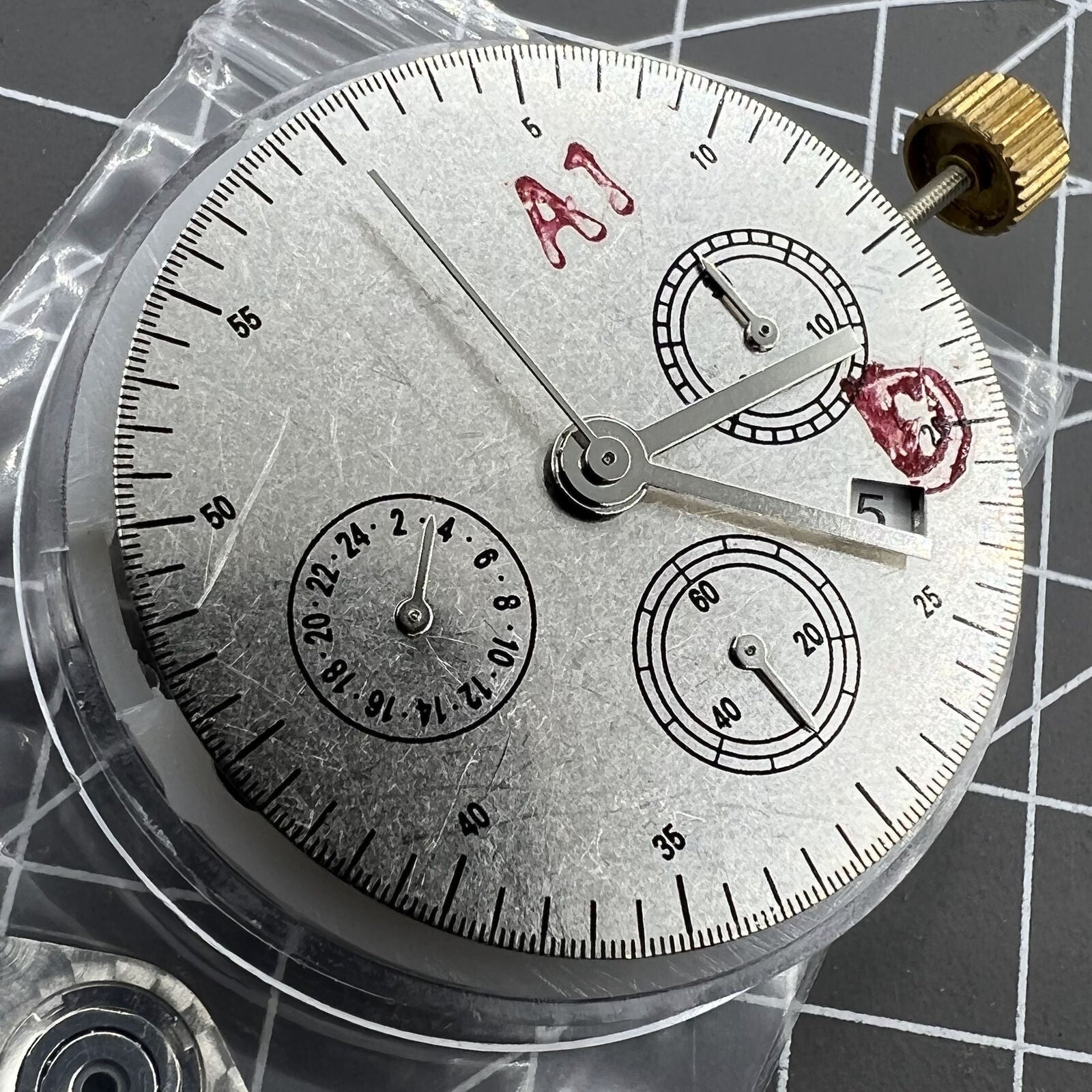 Automatic chronograph watch with ETA 7753 movement and small seconds at 6 o?clock.
