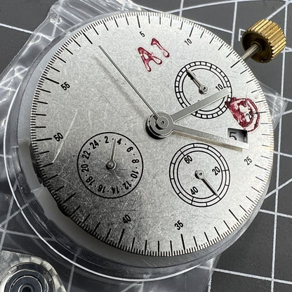 Automatic chronograph watch with ETA 7753 movement and small seconds at 6 o?clock.