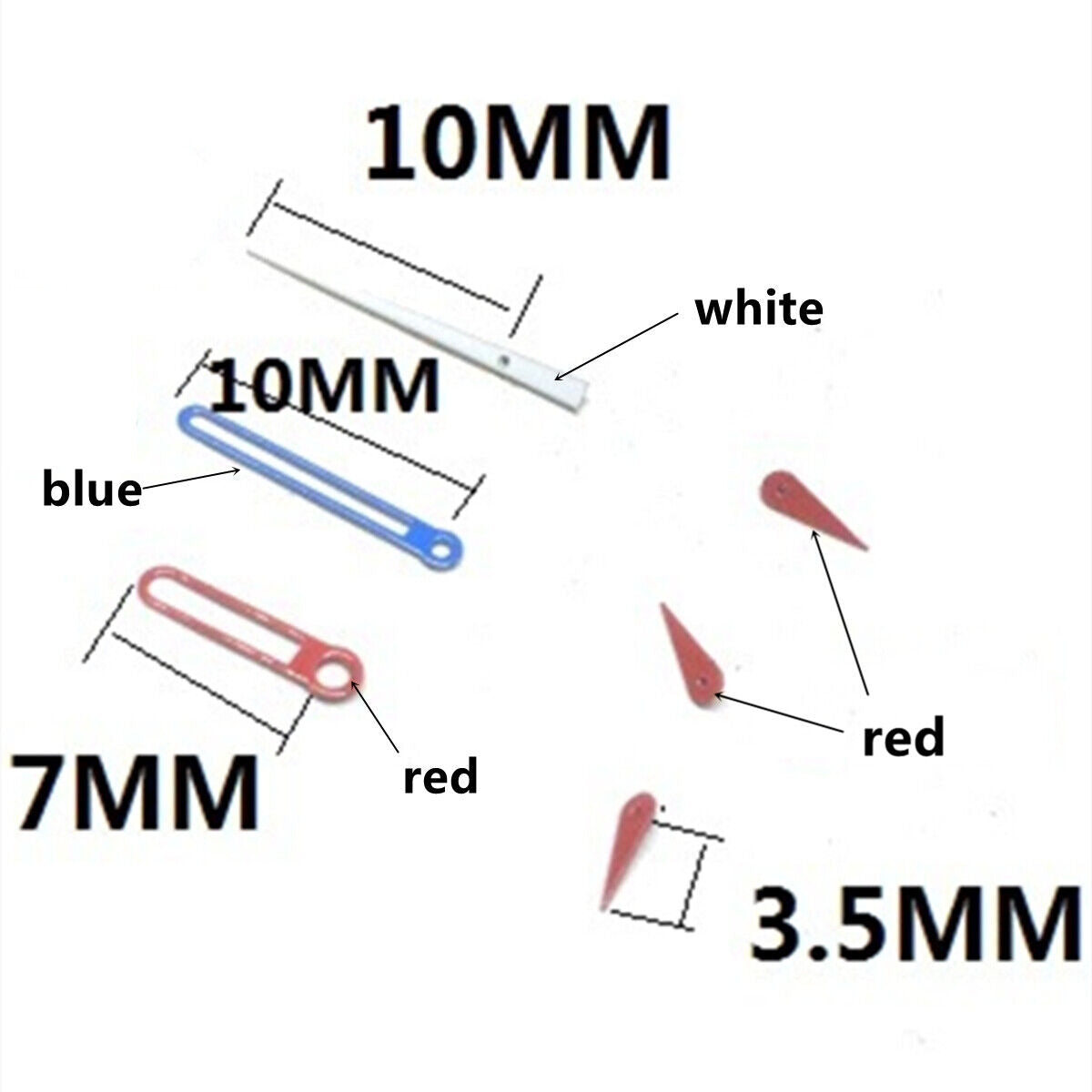 Red small second watch hands with blue and red trim, compatible with VD53, VD54, VD57 movements.