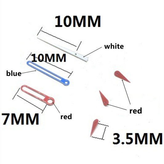 Red small second watch hands with blue and red trim, compatible with VD53, VD54, VD57 movements.