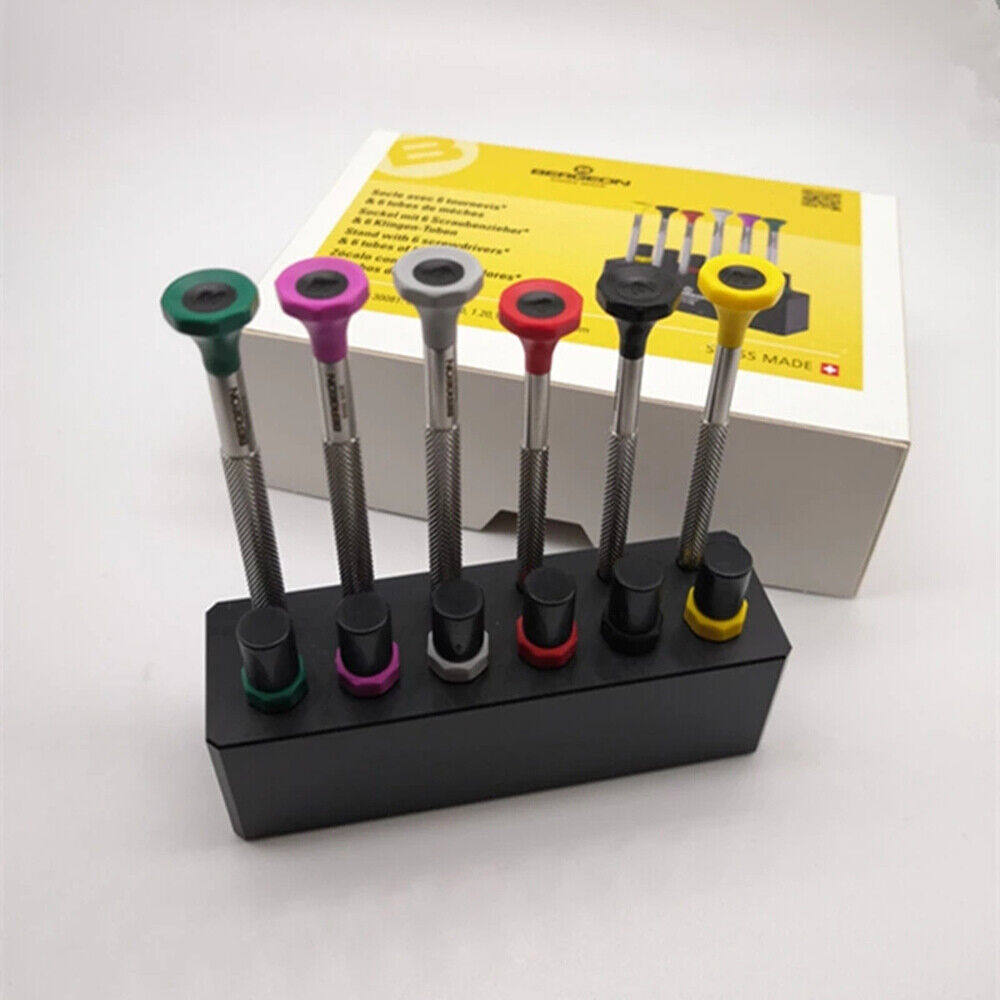 Swiss Bergeon 7778 watch screwdriver set with 6 precision blades and spare tips in an organizer stand for watch repair.