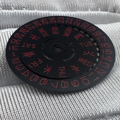 Red font date disk wheel NH36 movement, date at 3.8, Japan Made for accurate watch repair parts.