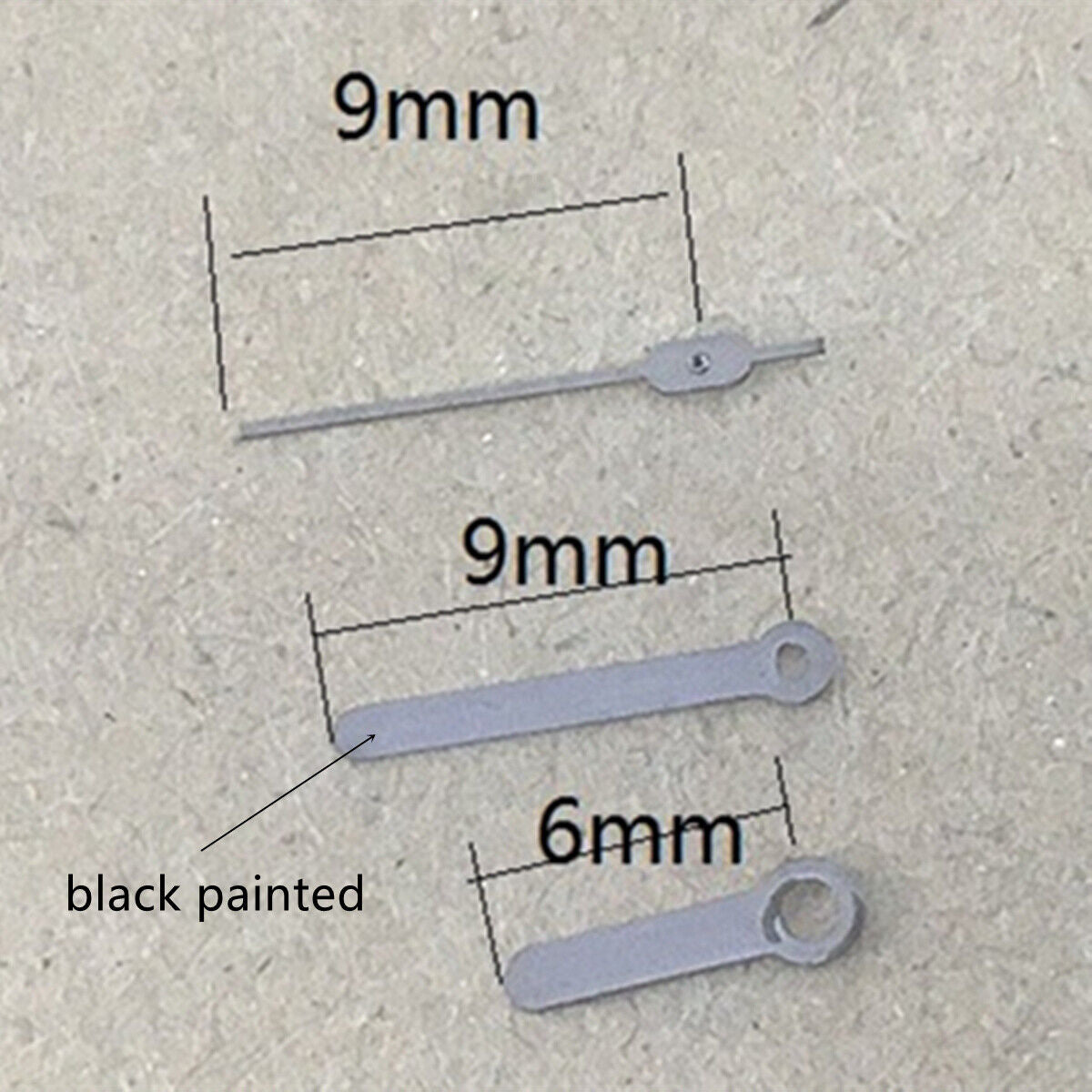 Black painted round tip 9mm watch hands for Miyota 1M12 movement, no lume,.