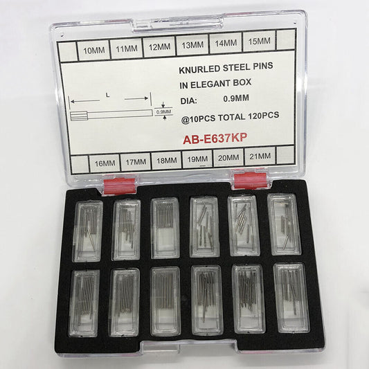 Rändelstifte aus Stahl in eleganter Box, Größe von 10–21 mm, Durchmesser: 0,9 mm, 120 Stück/Box
