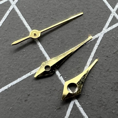 Set of 2 golden 6.5mm pointed trim watch hands for Miyota 2315 and 2035 movements.