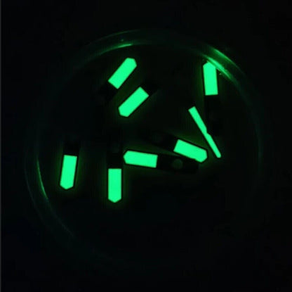 Green luminous watch hands with silver trim for NH35 NH36 7S26 7S36 4R35 movements.