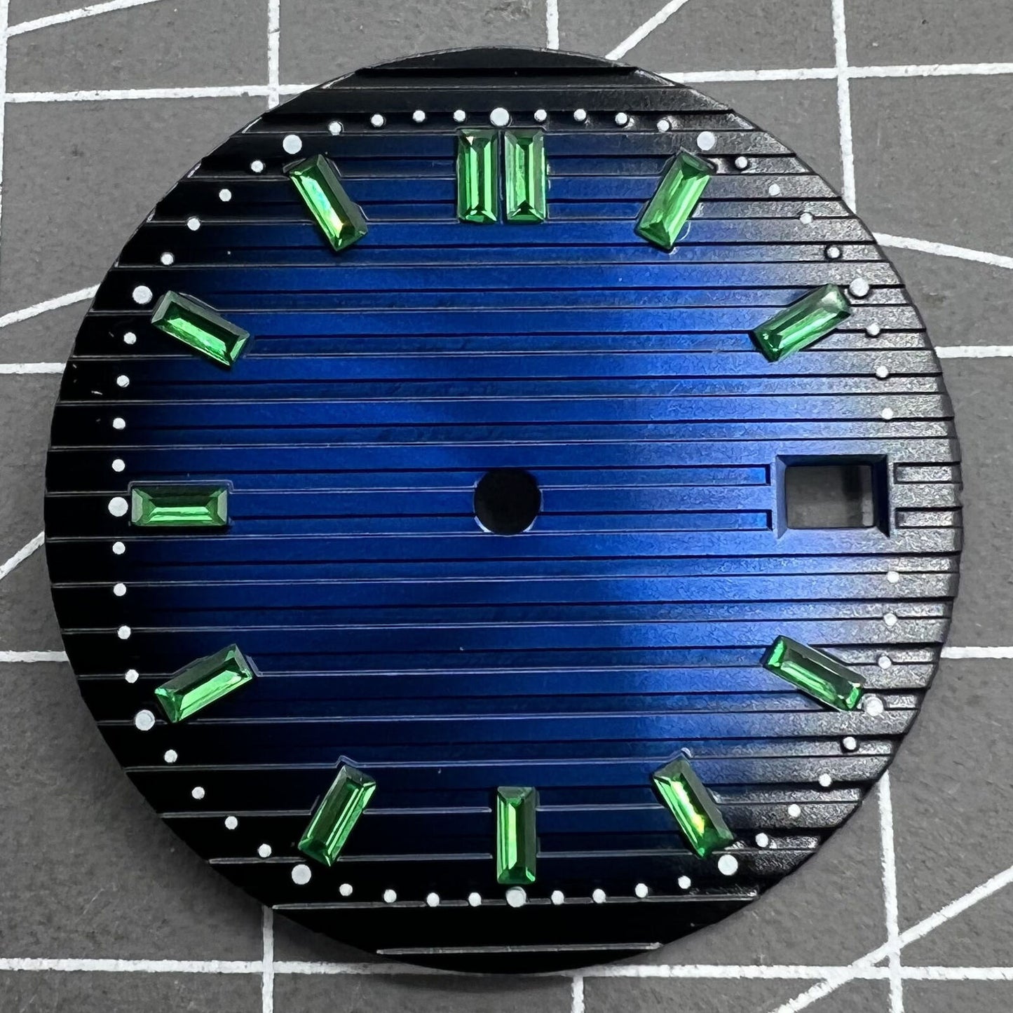 Green 29.8mm watch dial with imitation gemstone nail details, designed for NH35 movement.