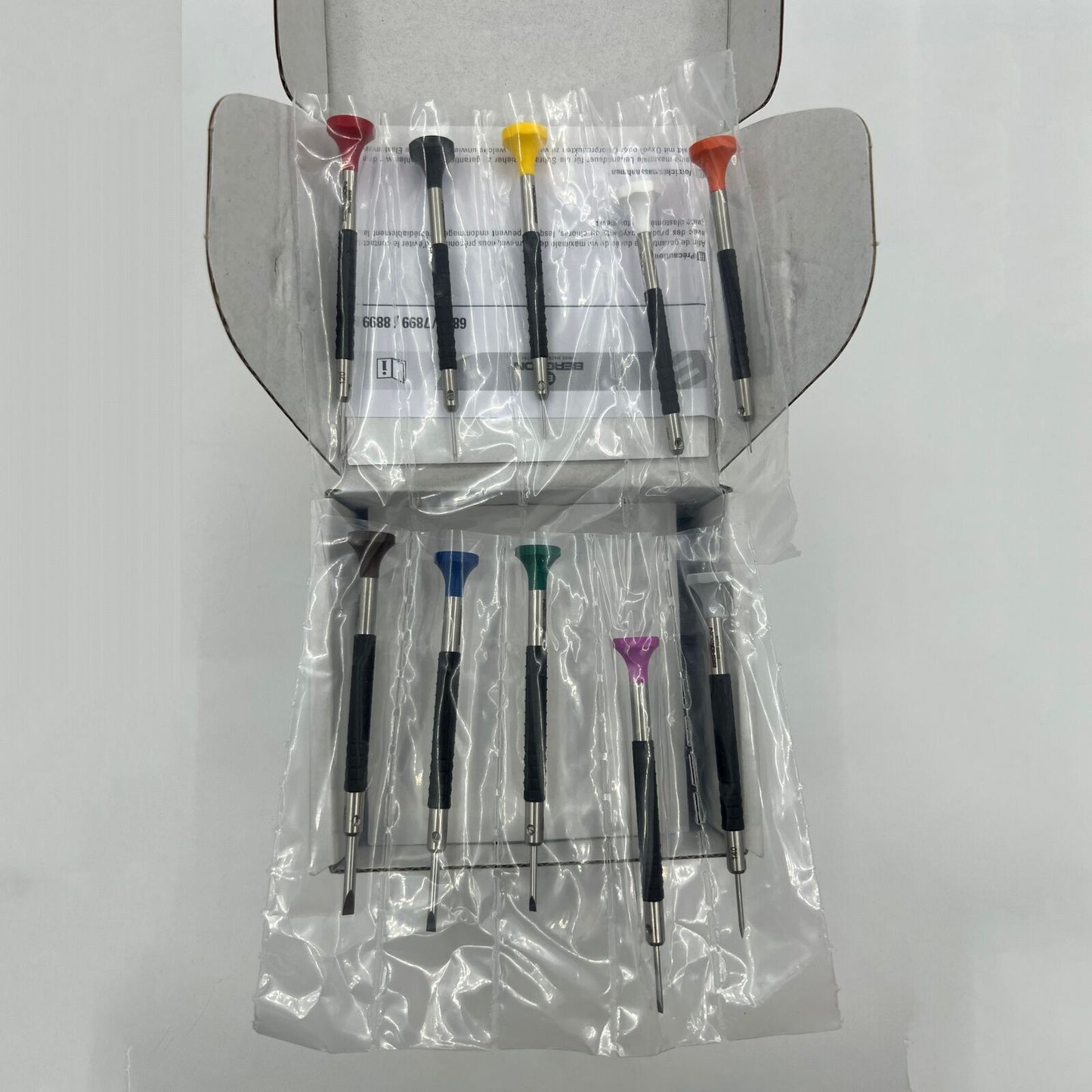 Bergeon 6899-S10 stainless steel screwdrivers set with elastomer handles for precise watch repair tasks