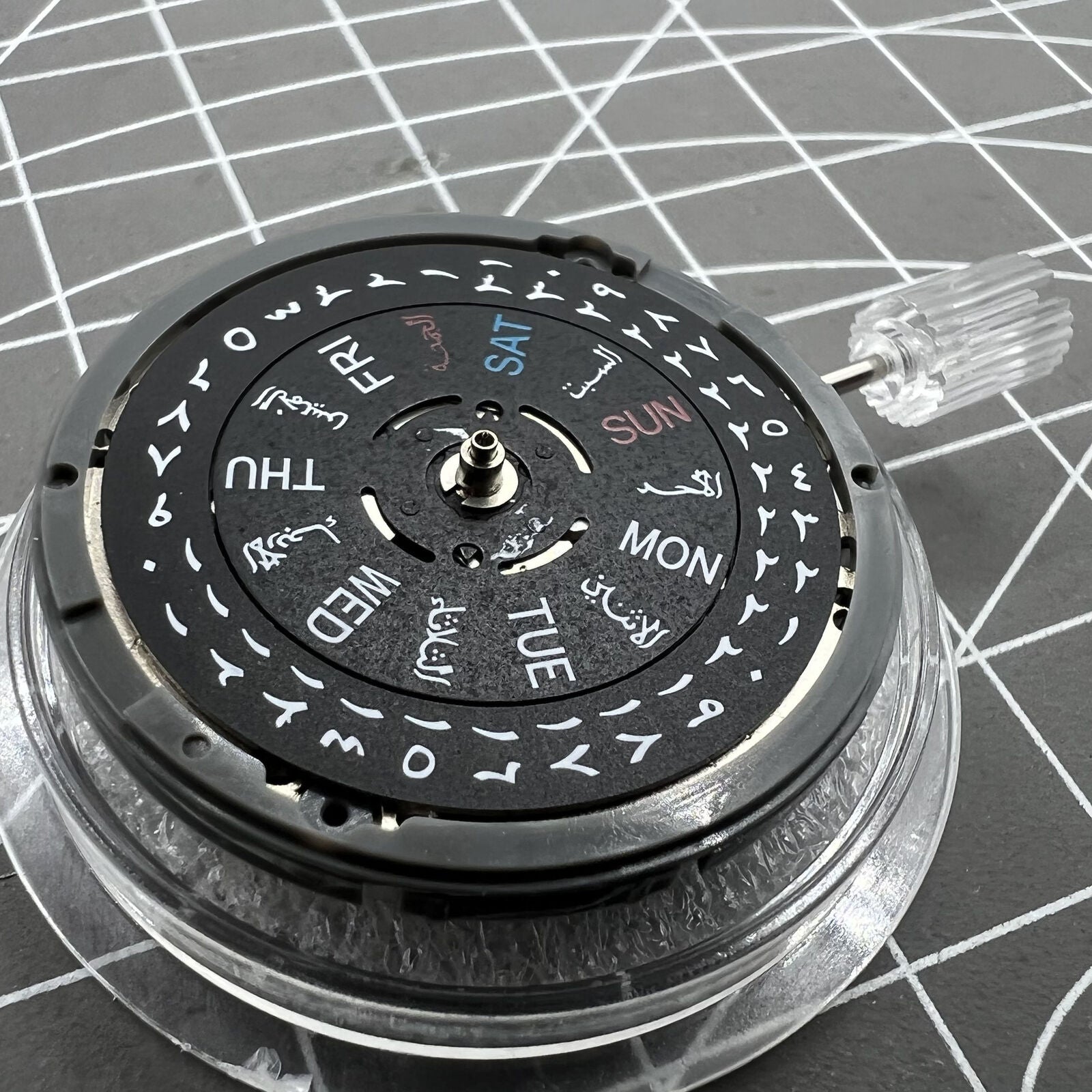 NH36 automatic mechanical watch with black Arabic dial and date, crown positioned at 3.8.