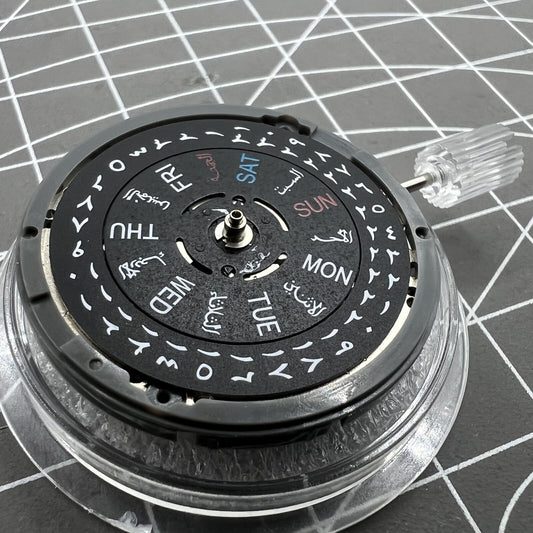 NH36 automatic mechanical watch with black Arabic dial and date, crown positioned at 3.8.