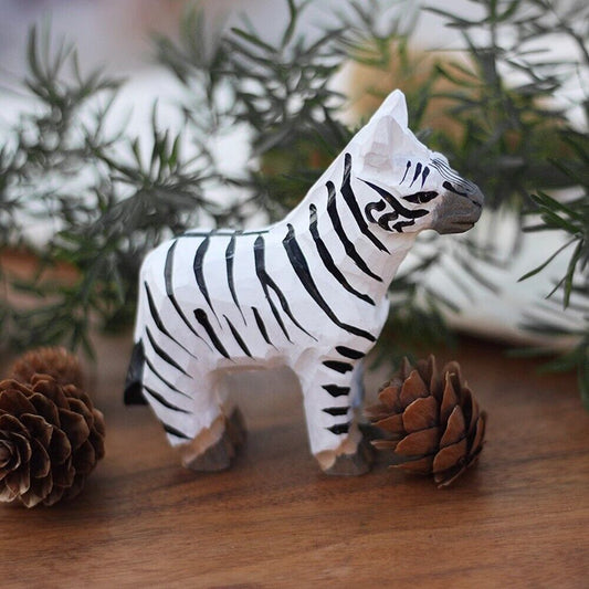 Handmade Little Zebra wooden figurine, detailed decorative sculpture for home or office display.