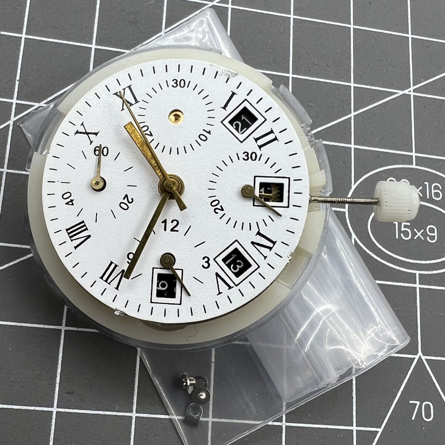 Automatic chronograph watch with ETA 7750 movement, black dial, calendar at 4:30, seconds at 9, precision timing.