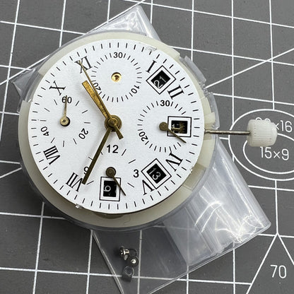 Automatic chronograph watch with ETA 7750 movement, black dial, calendar at 4:30, seconds at 9, precision timing.