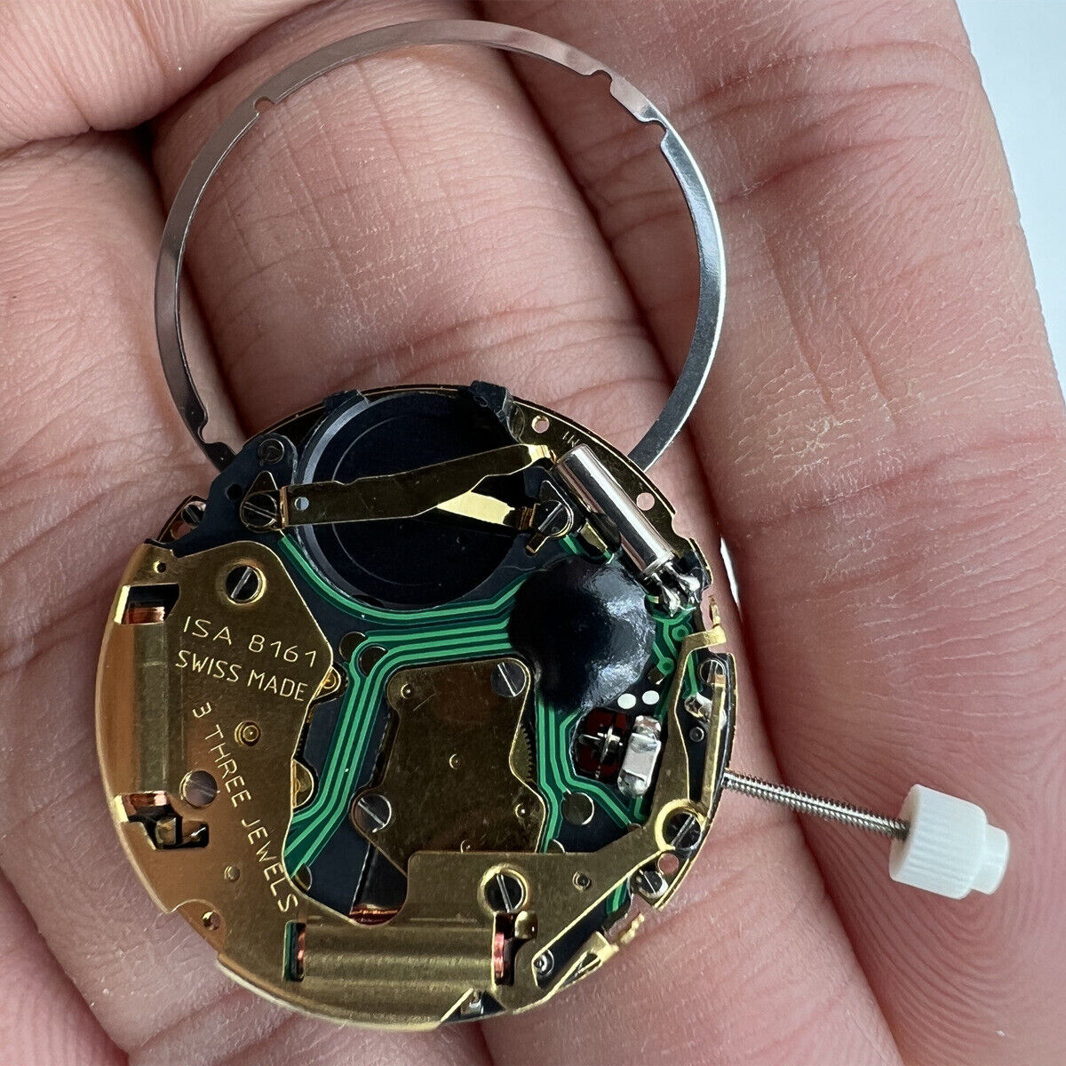 ISA 8161 golden watch part with Swiss quartz movement and 3 hands, perfect for custom watch accessories.