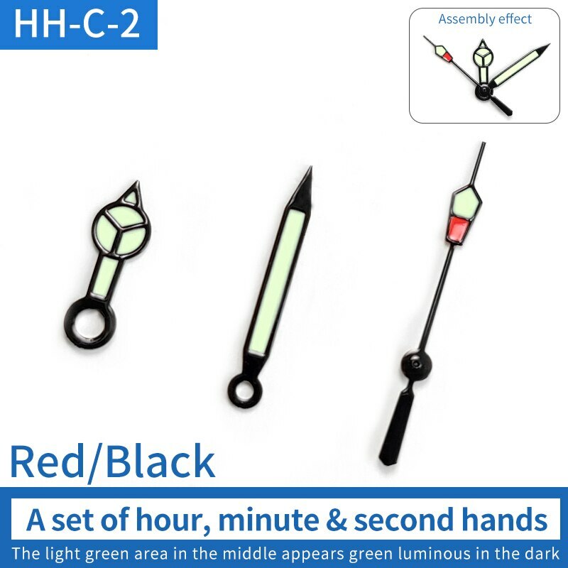 Green luminous watch hands set with pins for SKX007/009 NH35 movement, enhancing dial visibility.