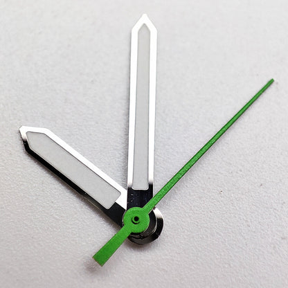 Silver-trimmed green luminous watch hands, compatible with NH35A/NH36A/4R36 movements for precise timekeeping.