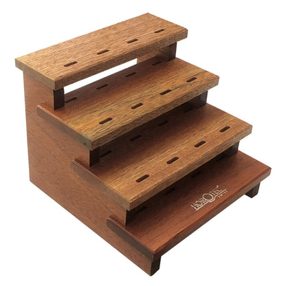 Swiss Horotec wooden rack holding 12 precision tweezers for watch repair and assembly organization.