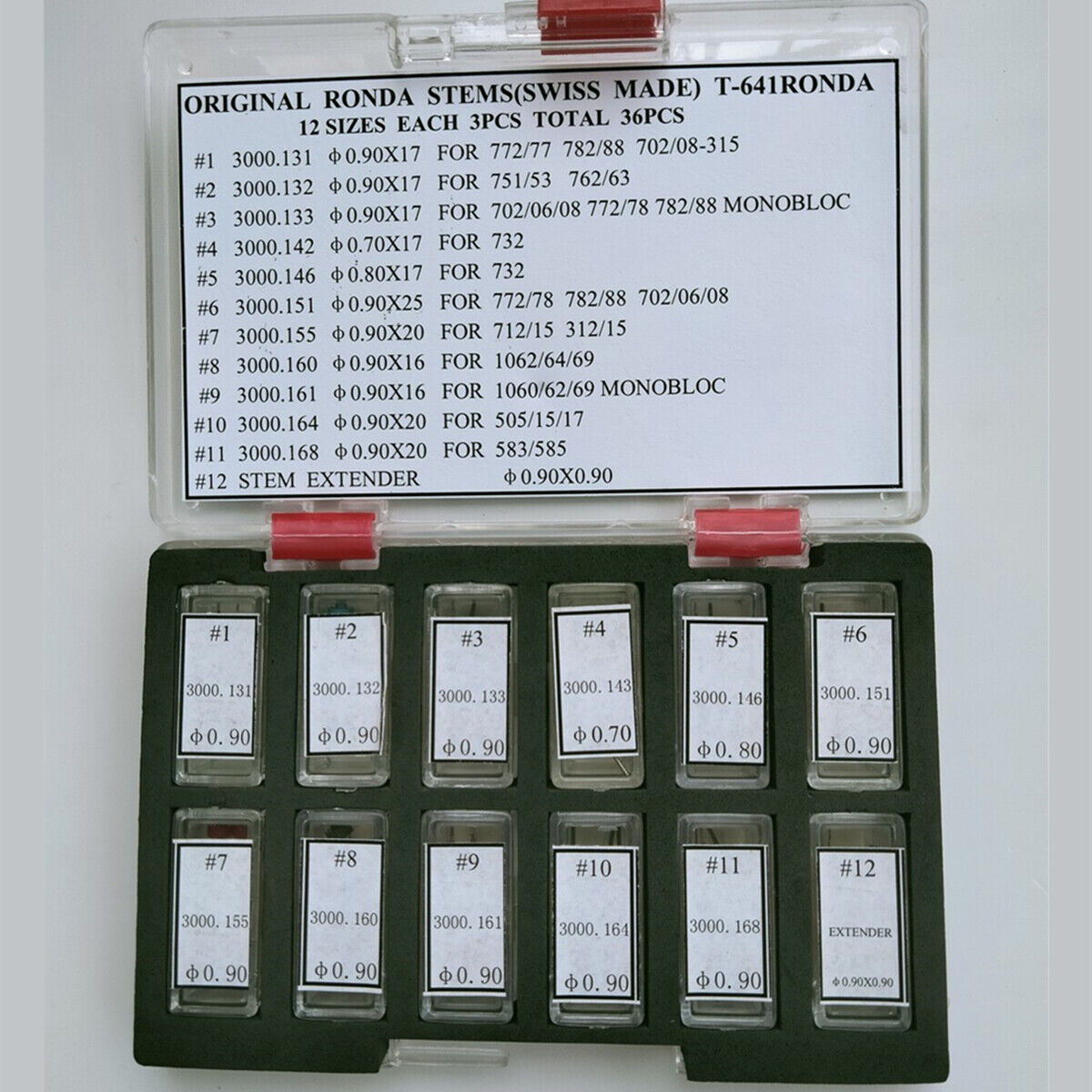36pcs Swiss Made Ronda watch stems assortment, AM-641, ideal for precise watch repair parts.