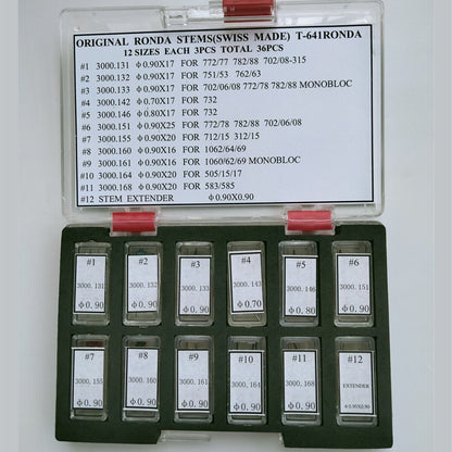 36pcs Swiss Made Ronda watch stems assortment, AM-641, ideal for precise watch repair parts.