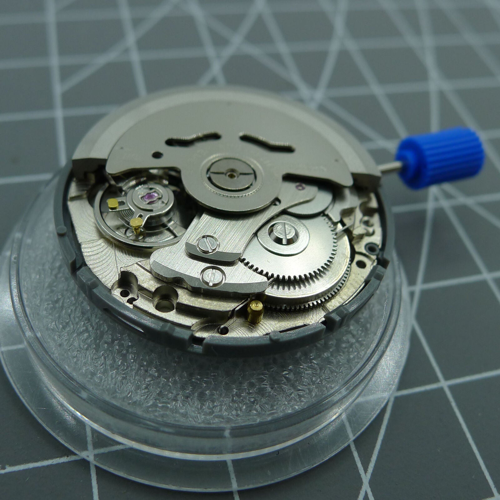 Seiko NH36 automatic watch crown at 3 o'clock with black dial and gold font detailing.