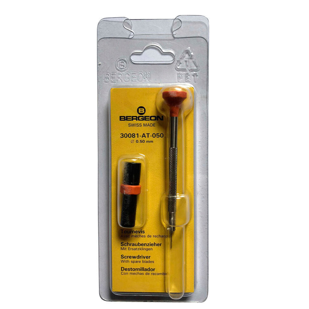 Bergeon 30081-AT-050 ergonomic 0.50mm screwdriver with spare blades for precise watch repair tasks.