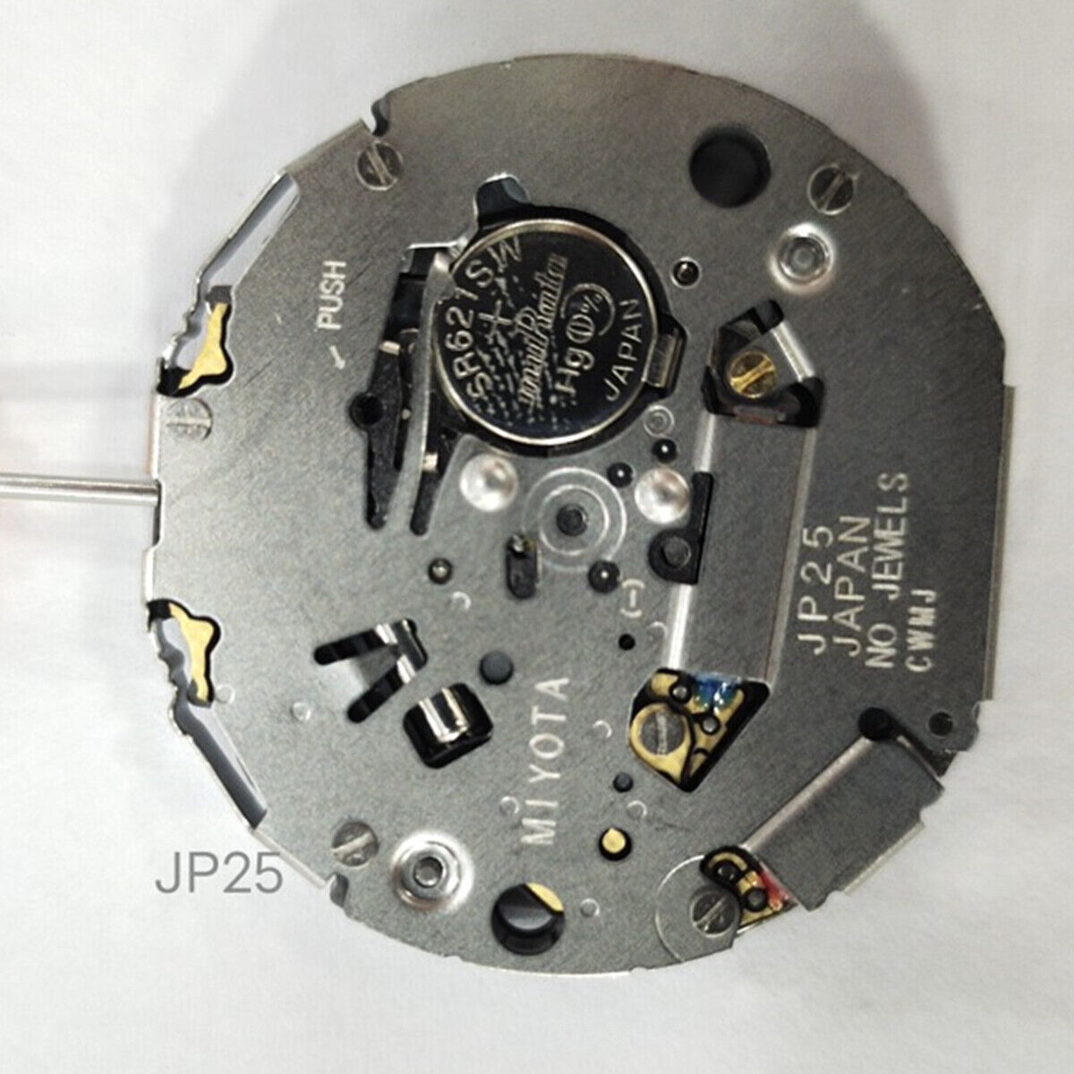 Miyota JP25 Japan Quartz watch movement displaying date at 3 o'clock for precise timekeeping.