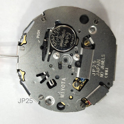 Miyota JP25 Japan Quartz watch movement displaying date at 3 o'clock for precise timekeeping.
