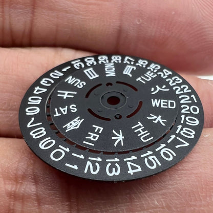 Blue and green luminescent date and week wheels for NH36 movement, black disk, precision watch accessory.