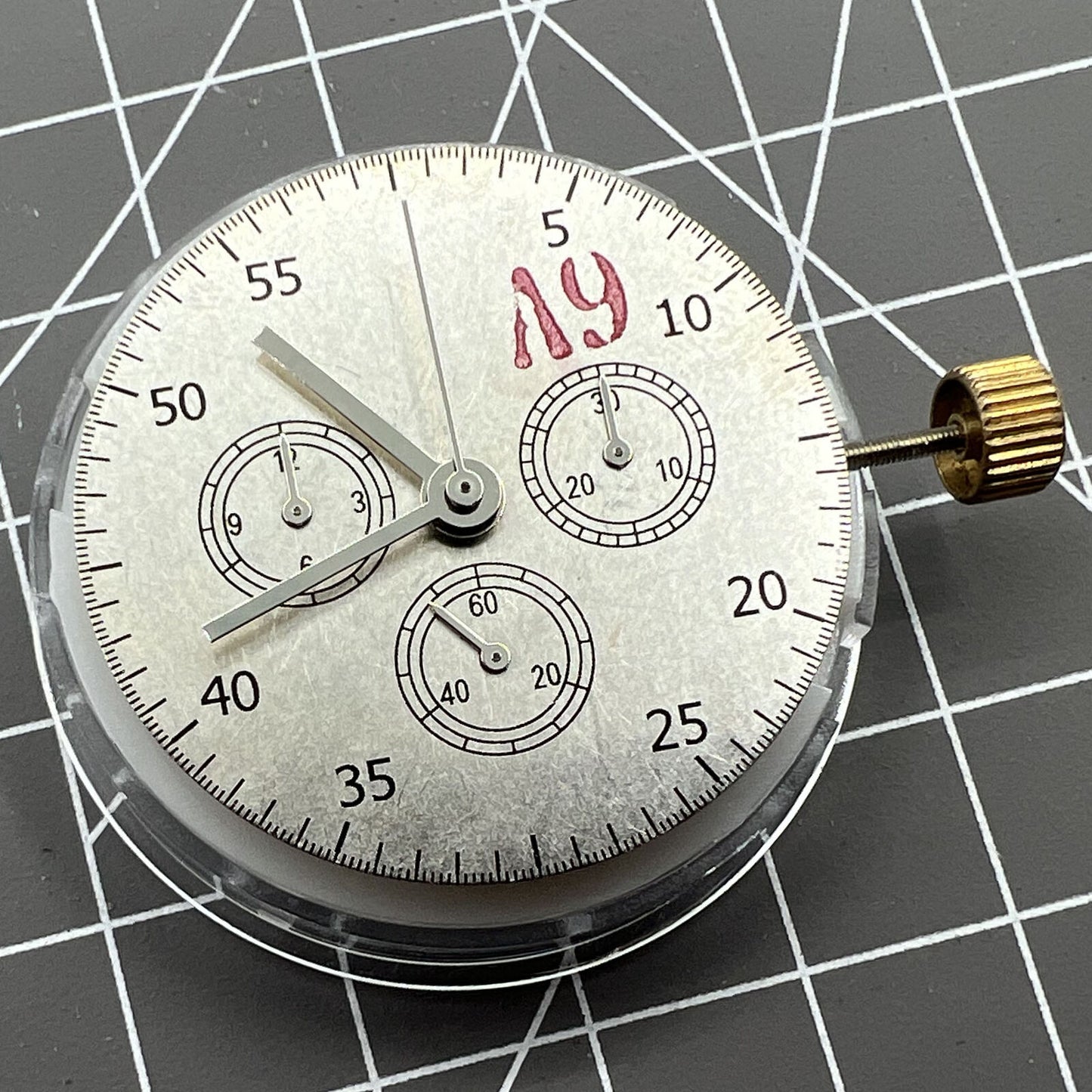 ETA Brand #7750 automatic chronograph movement with subdials at 3, 6, and 9 o'clock positions.