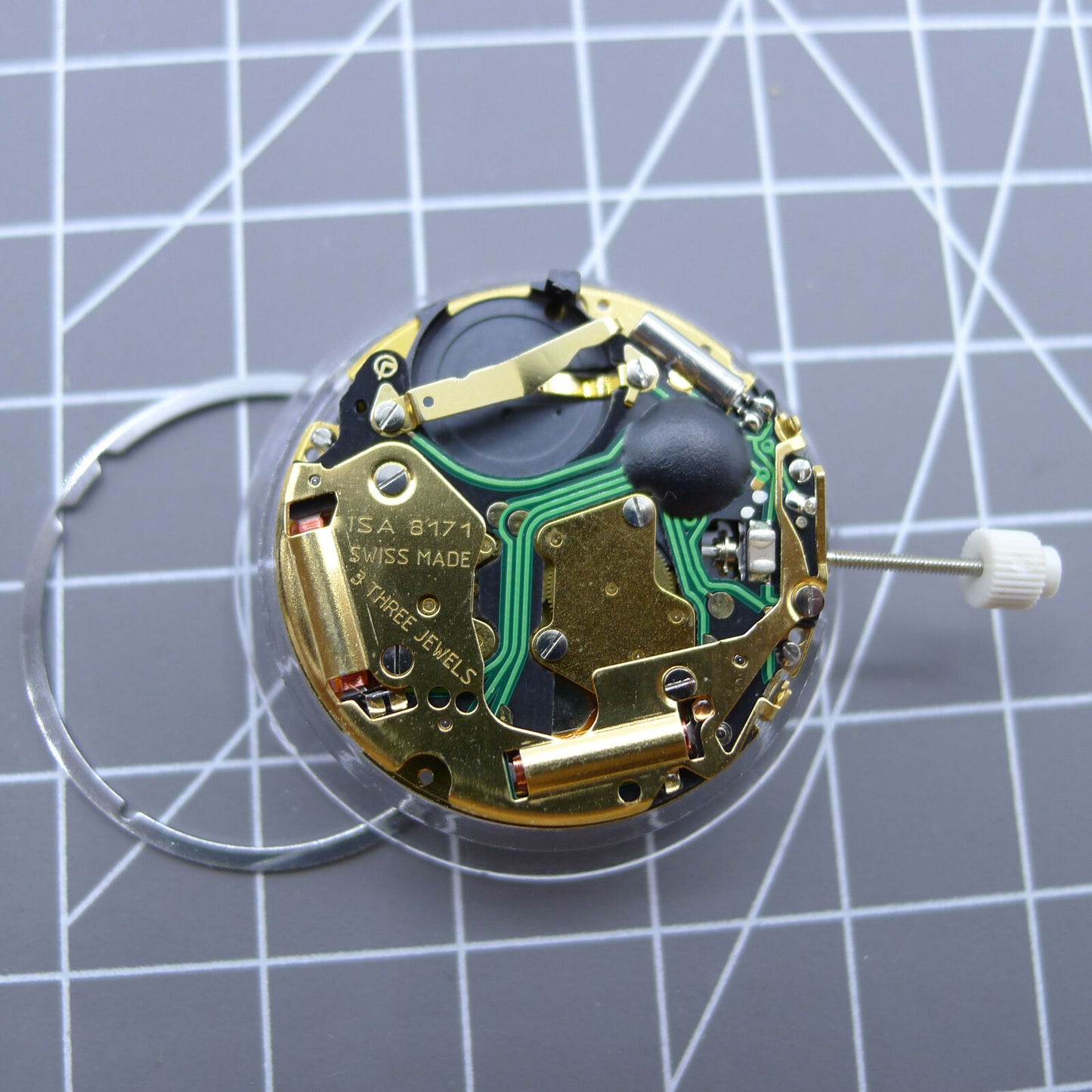 Swiss Made ISA 8171 quartz watch movement with date display at 6 o'clock, multifunctional and precise.